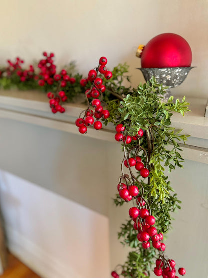 Christmas Boxwood Berry Garland, Christmas Garland, Fireplace Mantle Decor, Kitchen Cabinets Decorations, Tablescape, Dining Room Table