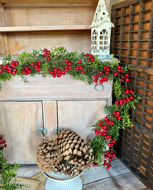 Christmas Boxwood Berry Garland, Christmas Garland, Fireplace Mantle Decor, Kitchen Cabinets Decorations, Tablescape, Dining Room Table