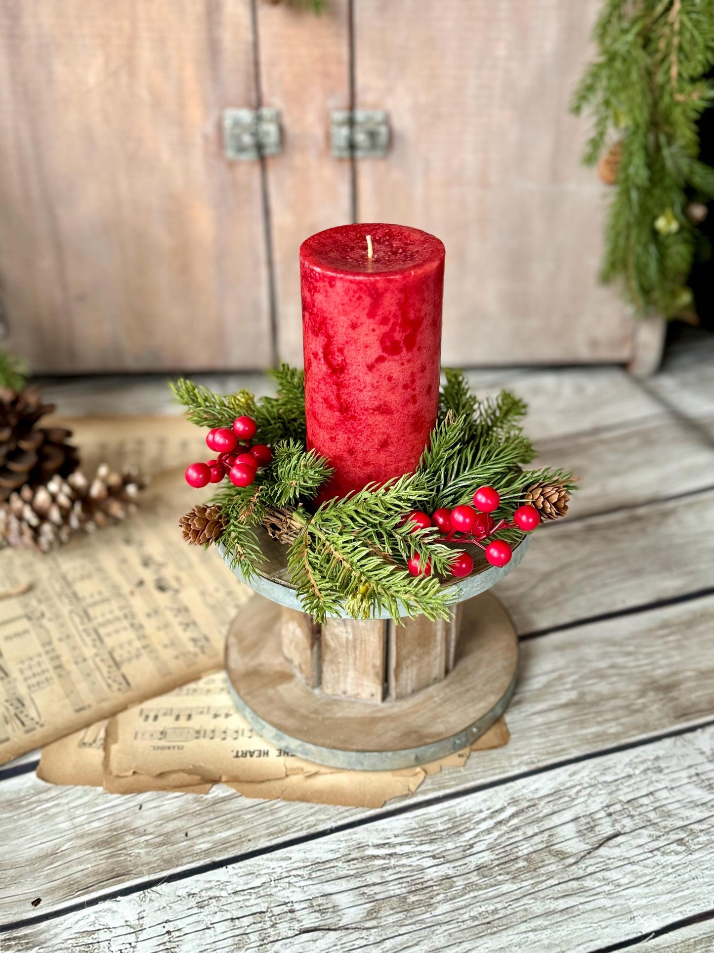 Set of 2 Spruce Pine Candle Wreaths, Pine Berry Christmas Candle Wreath, Vintage Style Christmas, Juniper Pine Wreath