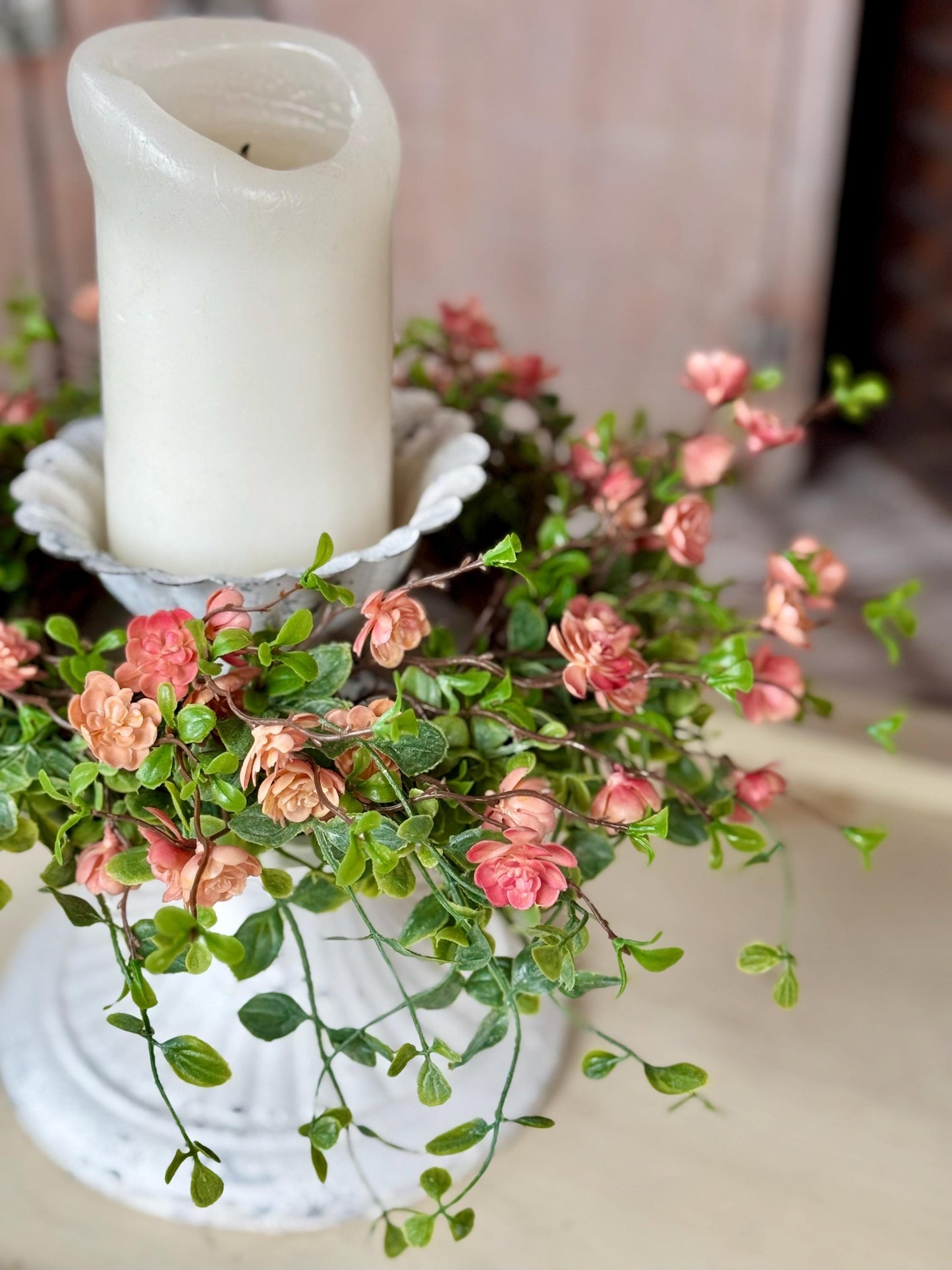 Spring Candle Wreath, Pink Vine Wreath, Summer Wreath, Pink Mini Wreath, Mothers Day Gift, Easter Decor