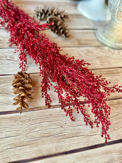 Red Christmas Berry Garland, Burgundy Garland, Kitchen Cabinets Decor, Christmas Table Decor, Fireplace Mantle Garland, Red Berry Garland