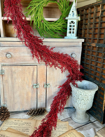 Red Christmas Berry Garland, Burgundy Garland, Kitchen Cabinets Decor, Christmas Table Decor, Fireplace Mantle Garland, Red Berry Garland