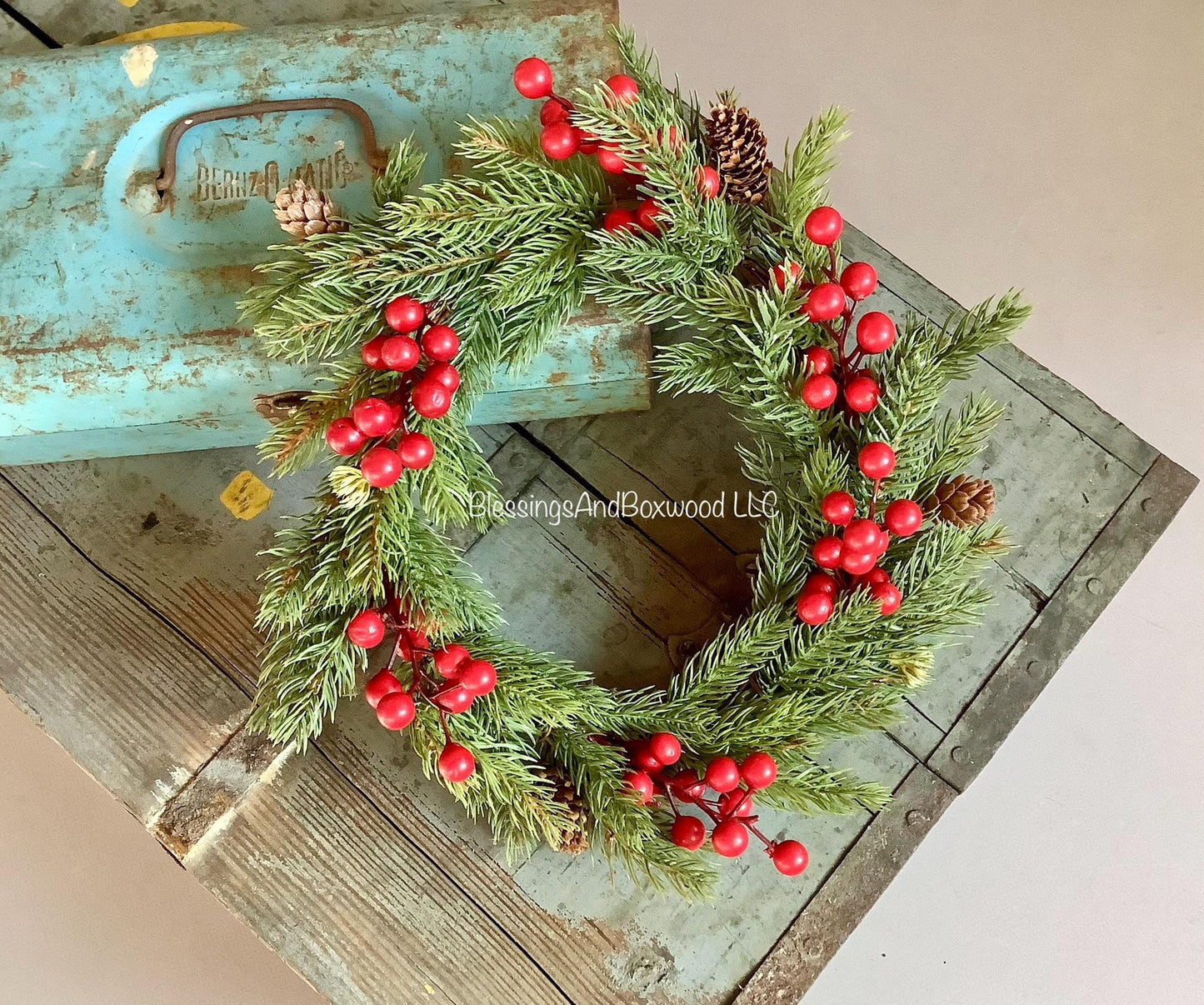 Spruce Pine and Berry Candle Wreaths, Pine Berry Christmas Candle Wreath, Kitchen Cabinet Wreath
