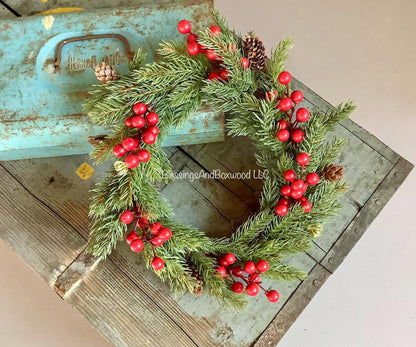 Spruce Pine and Berry Candle Wreaths, Pine Berry Christmas Candle Wreath, Kitchen Cabinet Wreath