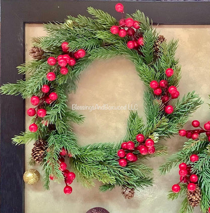 Spruce Pine and Berry Candle Wreaths, Pine Berry Christmas Candle Wreath, Kitchen Cabinet Wreath