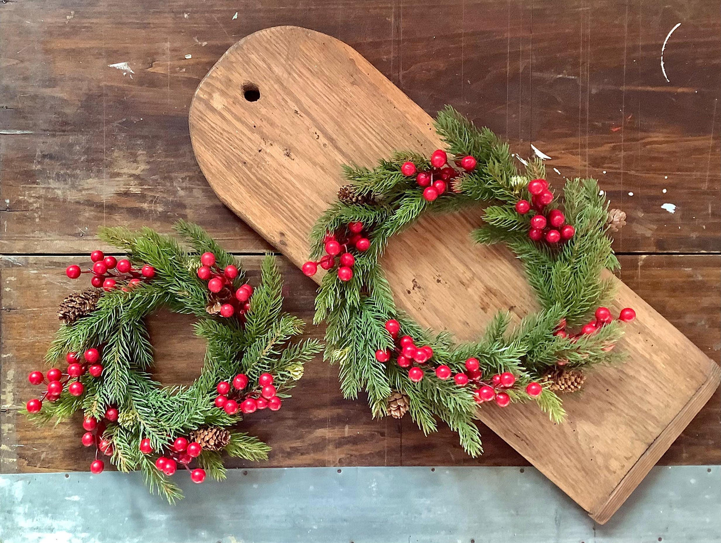 Spruce Pine and Berry Candle Wreaths, Pine Berry Christmas Candle Wreath, Kitchen Cabinet Wreath