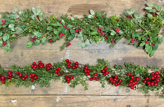 Christmas Holly Berry Garland | Christmas Boxwood Garland | Red and Green Garland | Christmas Mantle Garland