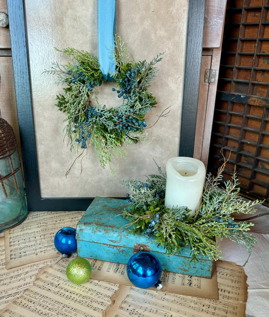 Blue Juniper Winter Candle Wreath, Blue Candle Wreath, Blue Winter Decor, Table Decorations, Kitchen Cabinet Wreath
