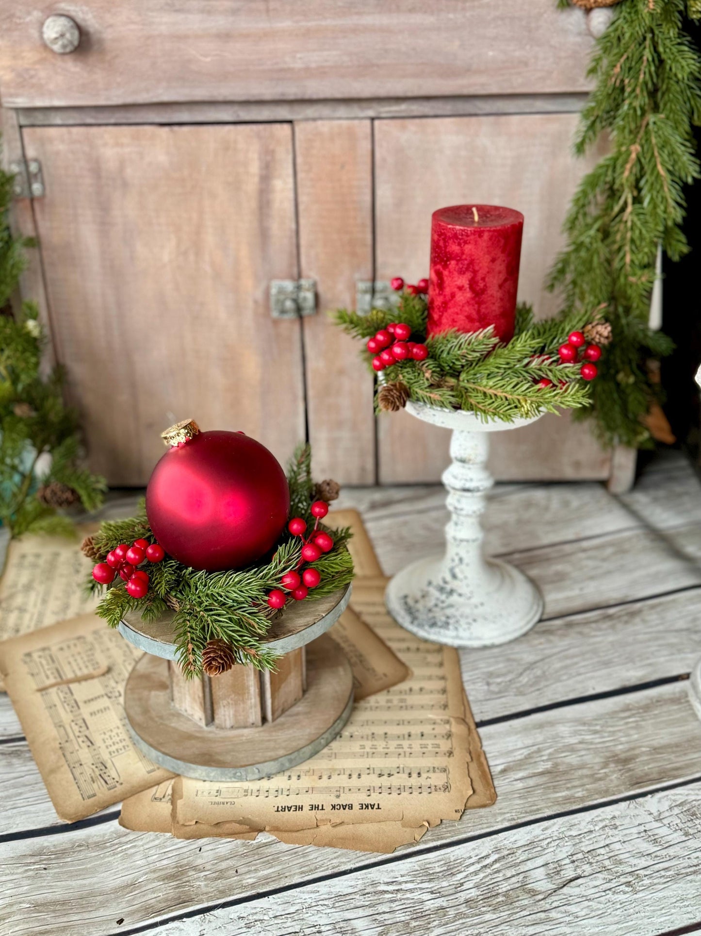 Set of 2 Christmas Candle Wreaths, Pine Berry Candle Wreath, Cedar Christmas Wreath, Juniper Pine Wreath