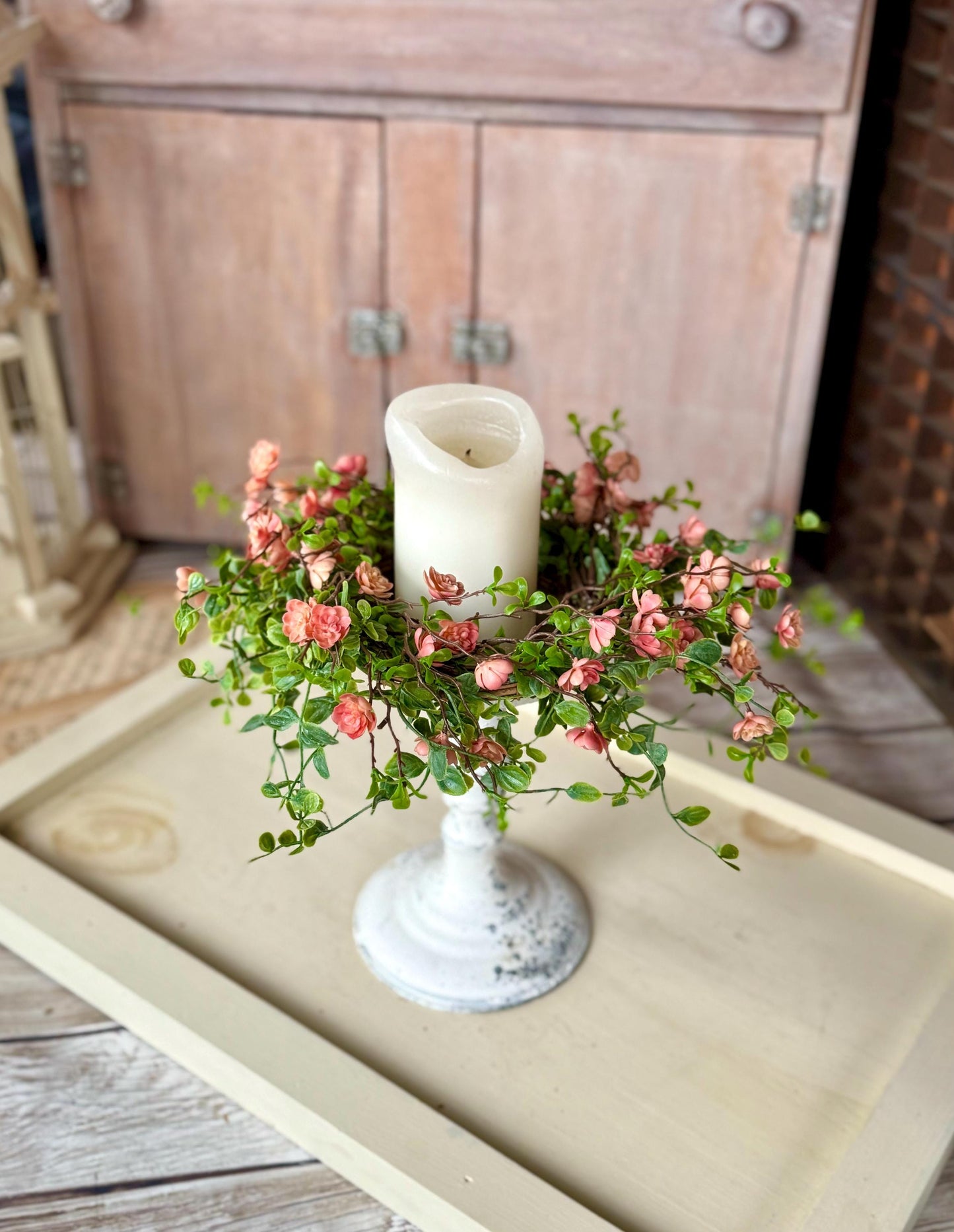 Spring Candle Wreath, Pink Vine Wreath, Summer Wreath, Pink Mini Wreath, Mothers Day Gift, Easter Decor