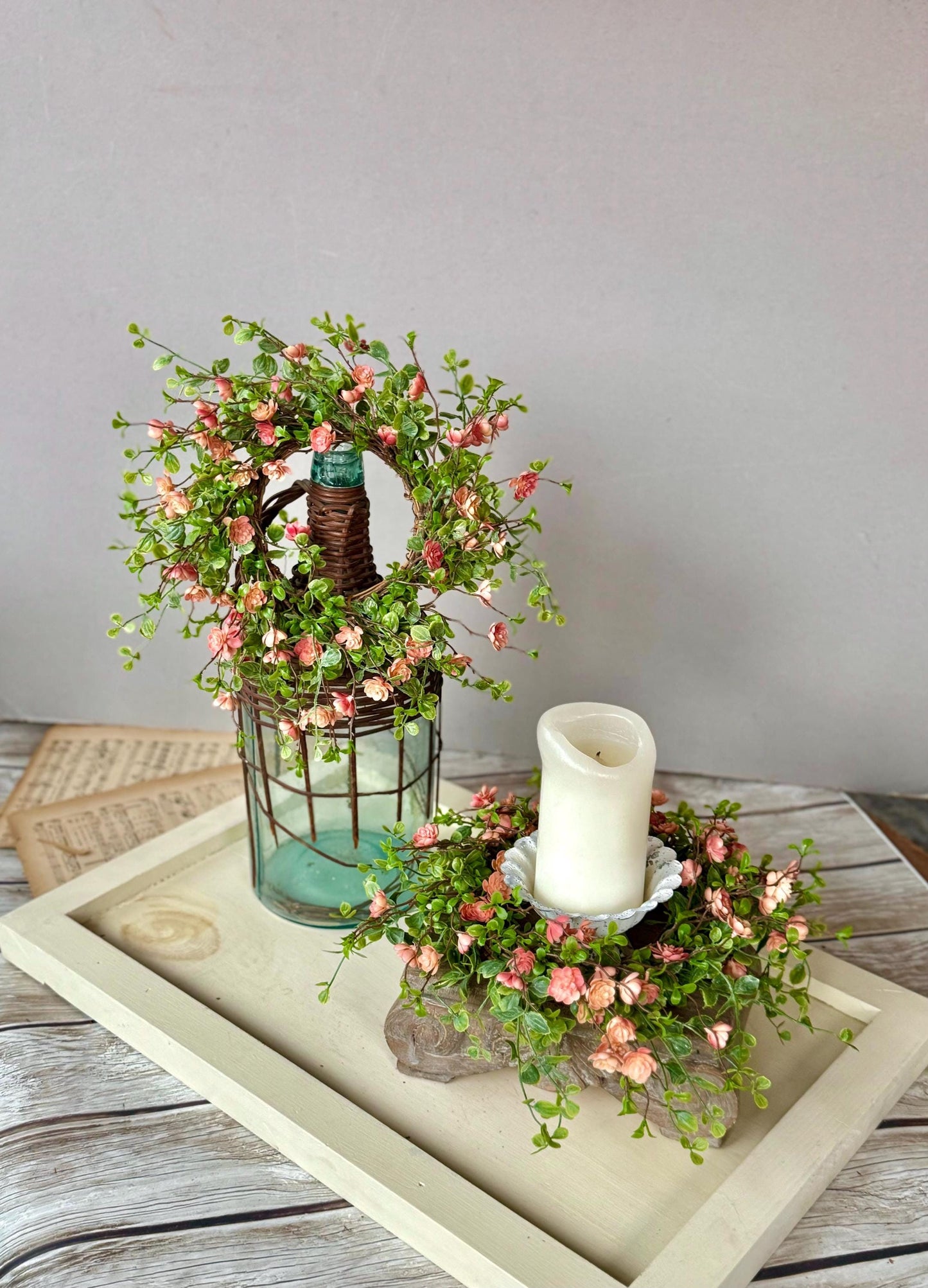Spring Candle Wreath, Pink Vine Wreath, Summer Wreath, Pink Mini Wreath, Mothers Day Gift, Easter Decor