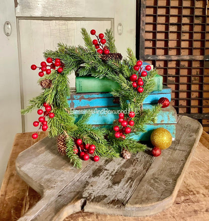 Spruce Pine and Berry Candle Wreaths, Pine Berry Christmas Candle Wreath, Kitchen Cabinet Wreath