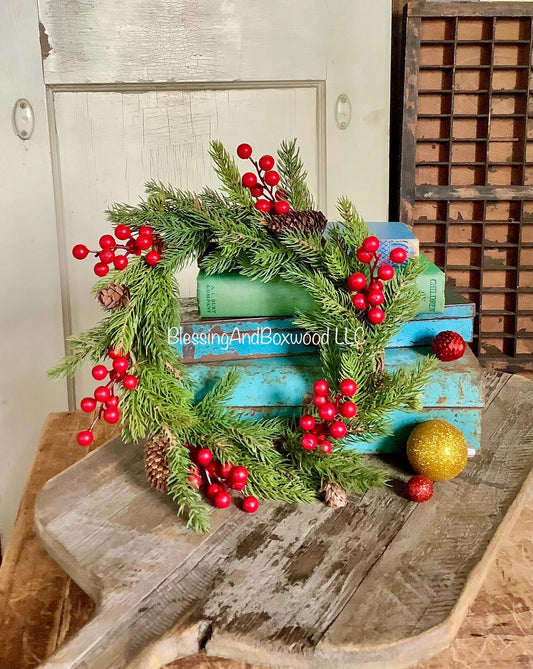 Spruce Pine and Berry Candle Wreaths, Pine Berry Christmas Candle Wreath, Kitchen Cabinet Wreath