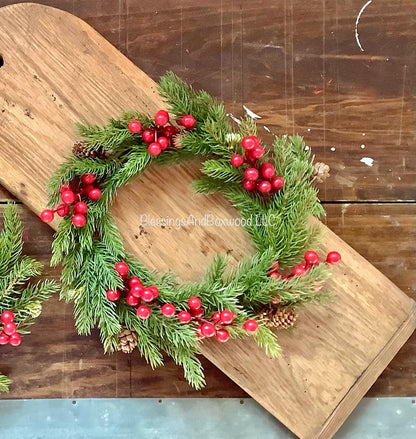 Spruce Pine and Berry Candle Wreaths, Pine Berry Christmas Candle Wreath, Kitchen Cabinet Wreath