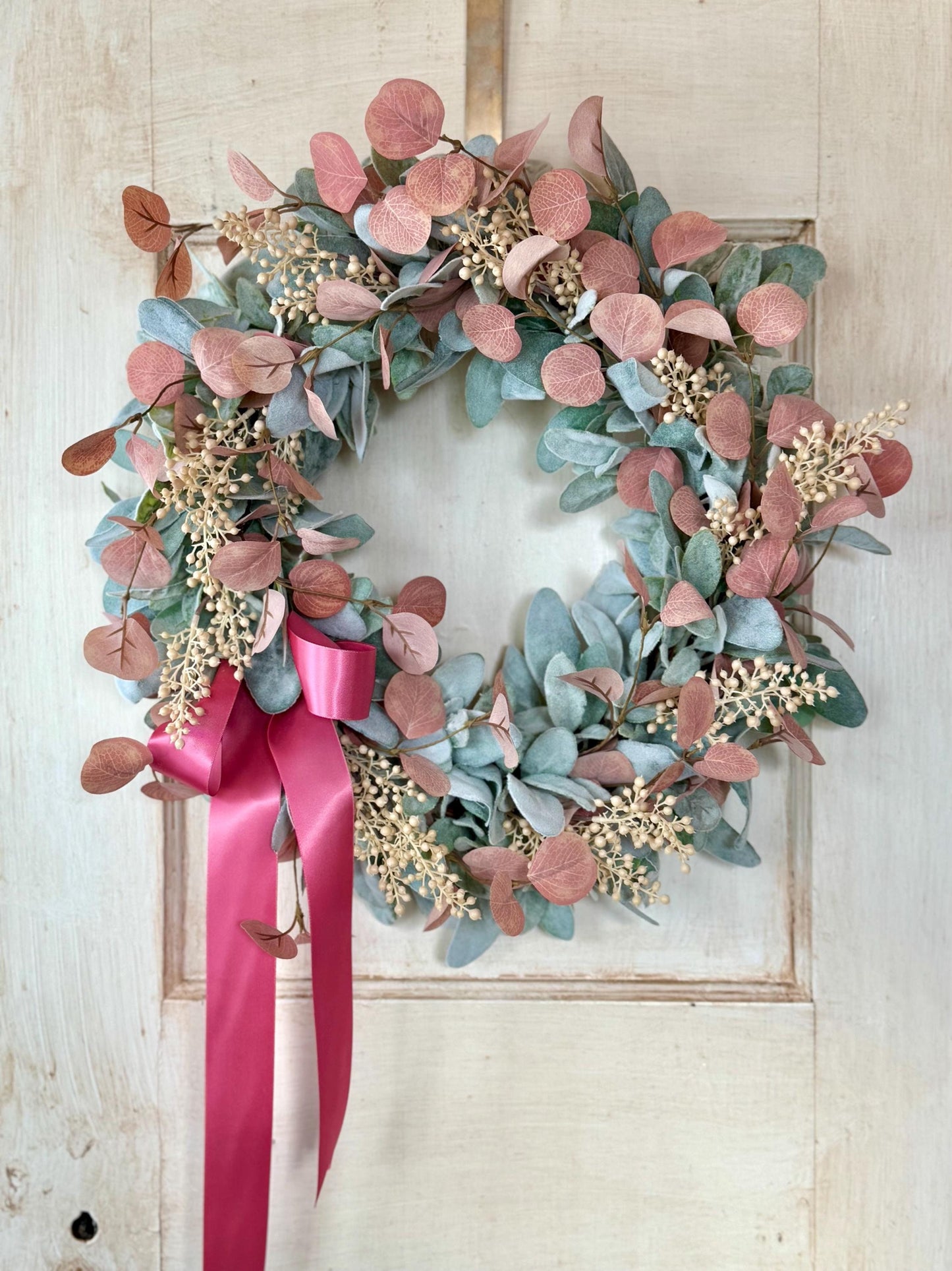 Pink Mothers Day Wreath, Pink Lambs Ear Wreath, Easter Wreath, Spring Wreath, Mothers Day Gift, Summer Wreaths, Front Door, Porch Decor
