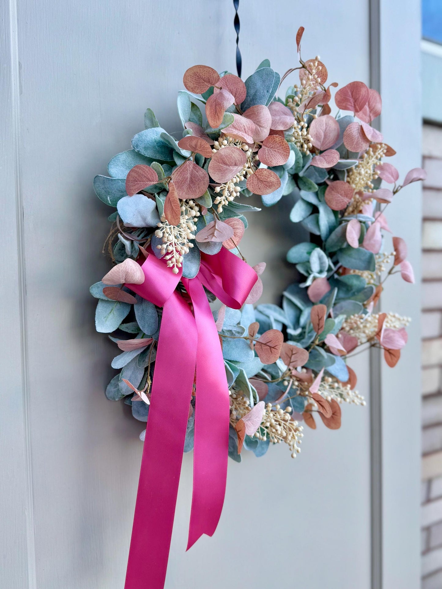 Pink Mothers Day Wreath, Pink Lambs Ear Wreath, Easter Wreath, Spring Wreath, Mothers Day Gift, Summer Wreaths, Front Door, Porch Decor