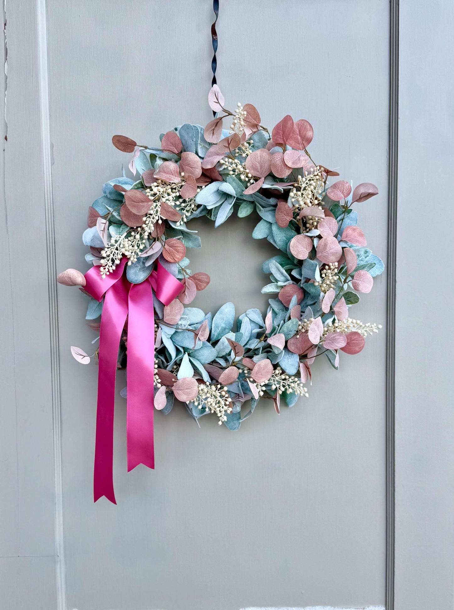 Pink Mothers Day Wreath, Pink Lambs Ear Wreath, Easter Wreath, Spring Wreath, Mothers Day Gift, Summer Wreaths, Front Door, Porch Decor