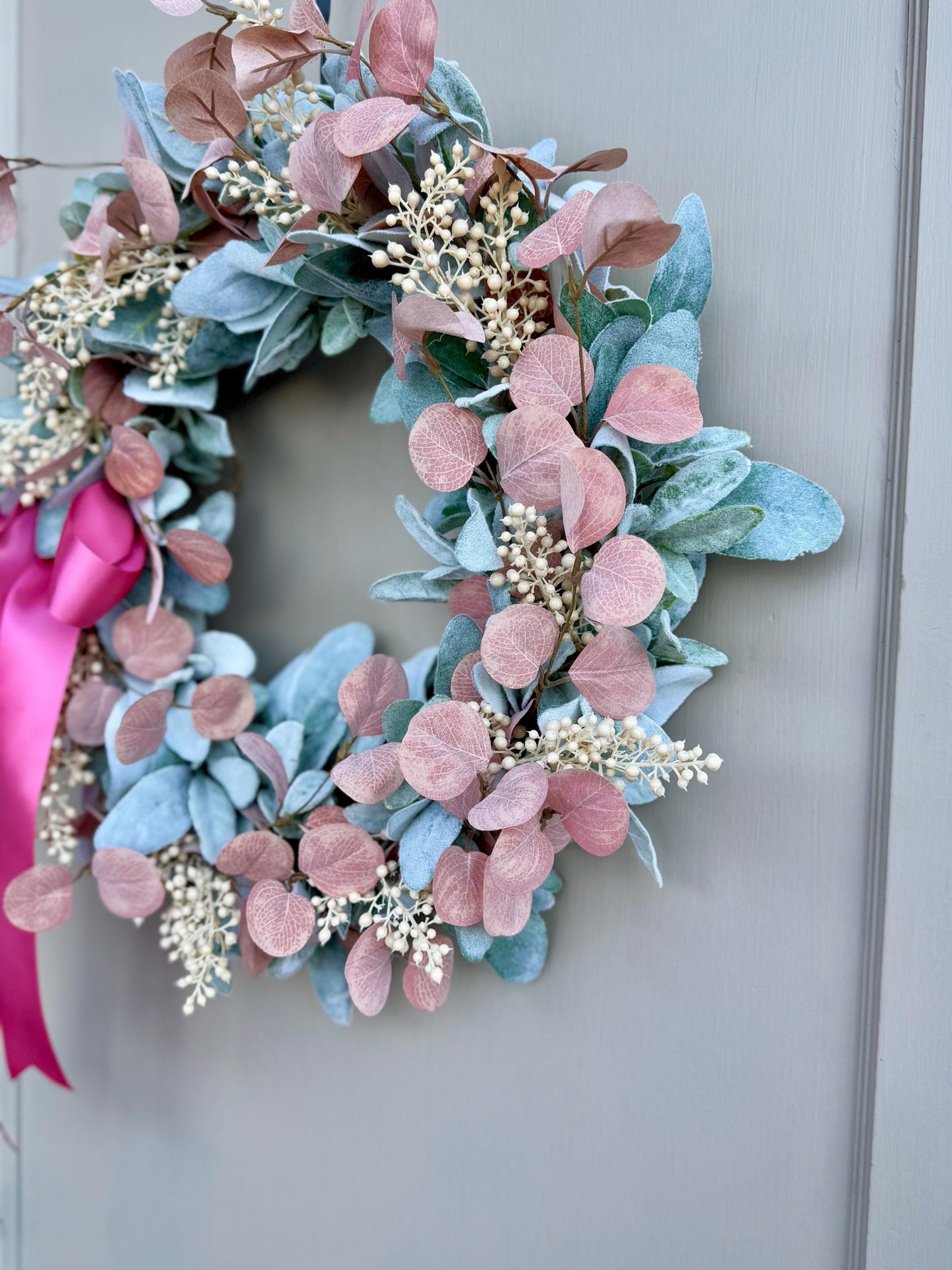 Pink Mothers Day Wreath, Pink Lambs Ear Wreath, Easter Wreath, Spring Wreath, Mothers Day Gift, Summer Wreaths, Front Door, Porch Decor