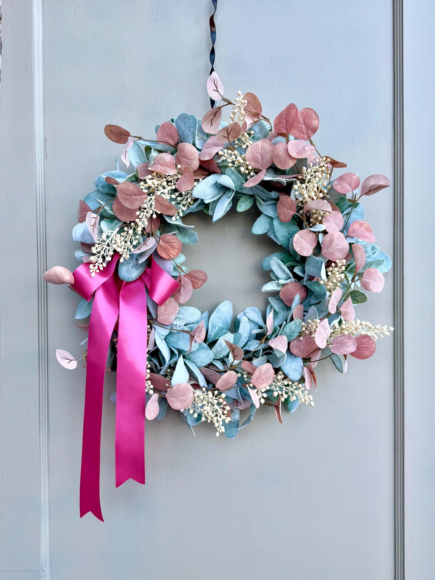 Pink Mothers Day Wreath, Pink Lambs Ear Wreath, Easter Wreath, Spring Wreath, Mothers Day Gift, Summer Wreaths, Front Door, Porch Decor