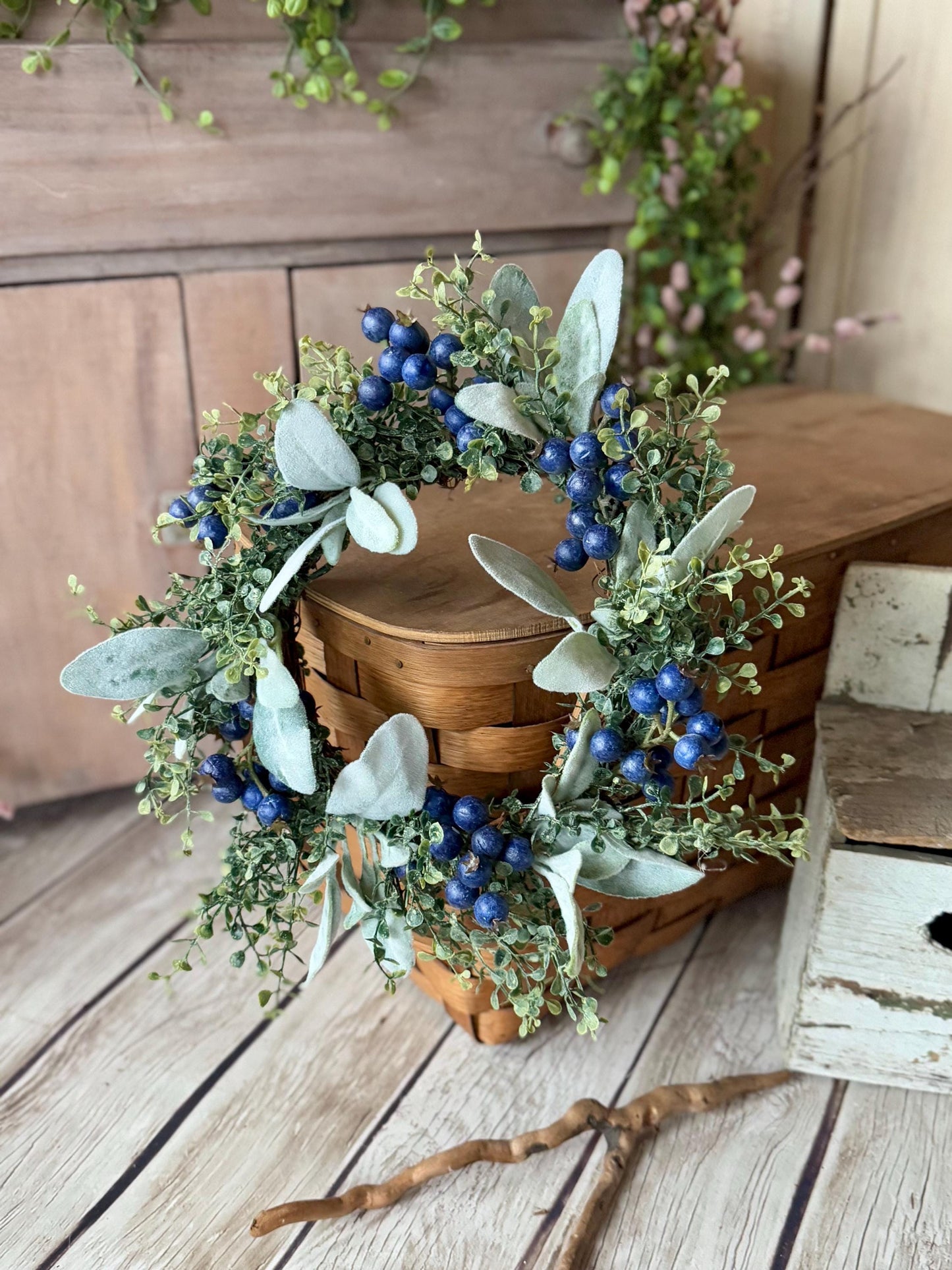 Blueberry Candle Wreath, Mini Kitchen Wreath, Summer Decor, Country Farmhouse, Spring Candle Ring, Blue Wedding Decorations - TLGB