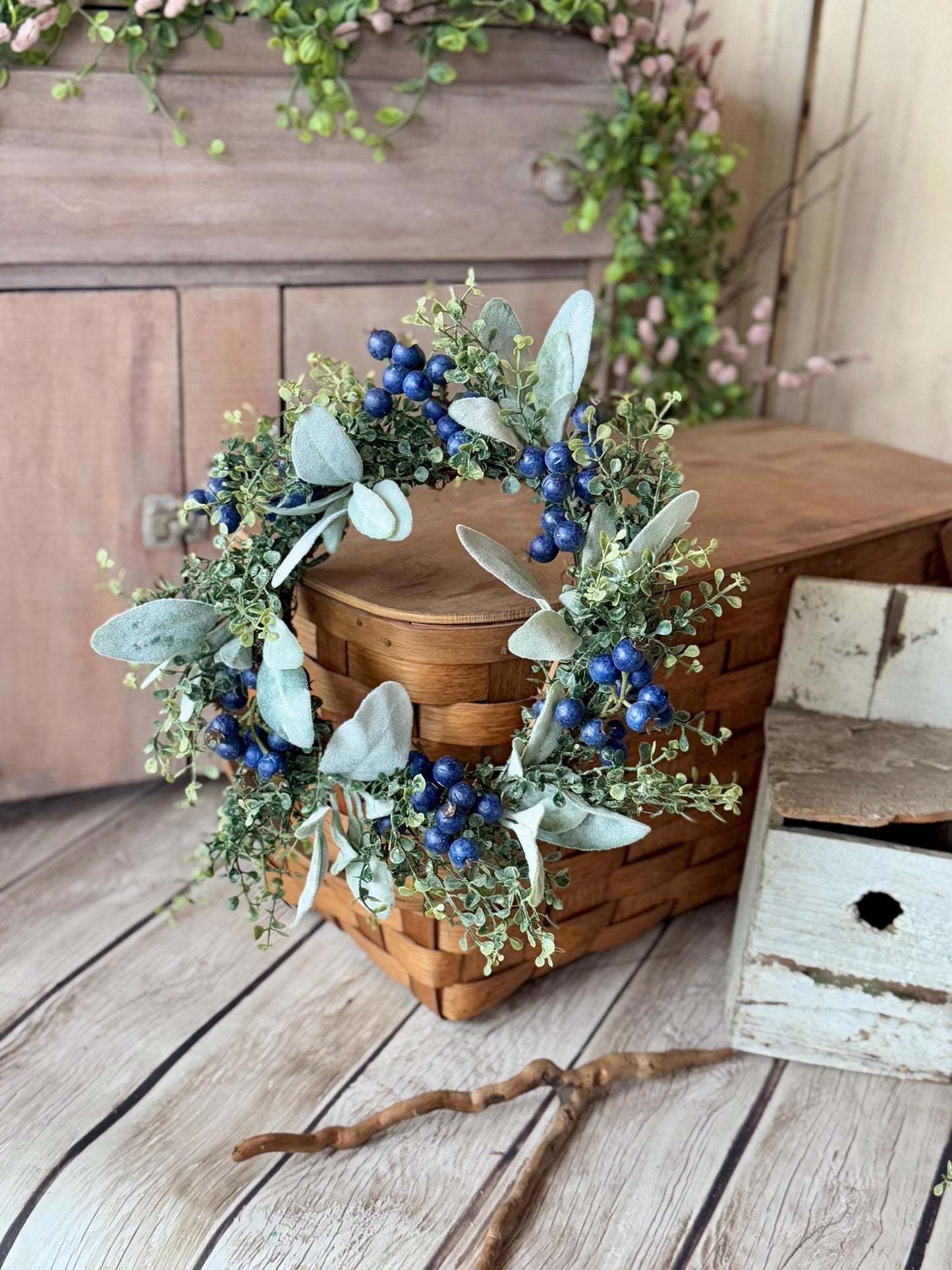 Blueberry Candle Wreath, Mini Kitchen Wreath, Summer Decor, Country Farmhouse, Spring Candle Ring, Blue Wedding Decorations - TLGB