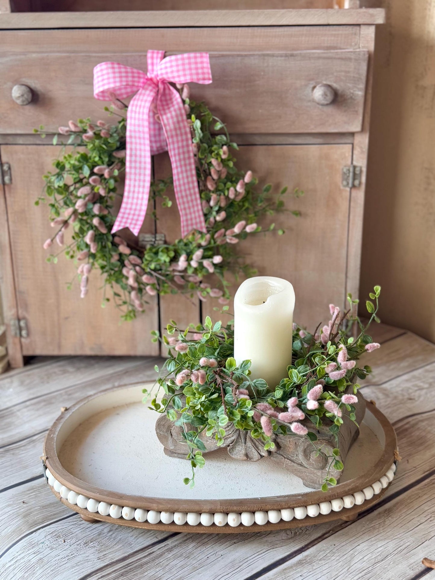 NEW 2025 Pink Pussy Willow Wreath, Valentines Day Wreath, Pink Mothers Day Gift, Window Wreath, Mini Wreath, Pink Candle Wreath