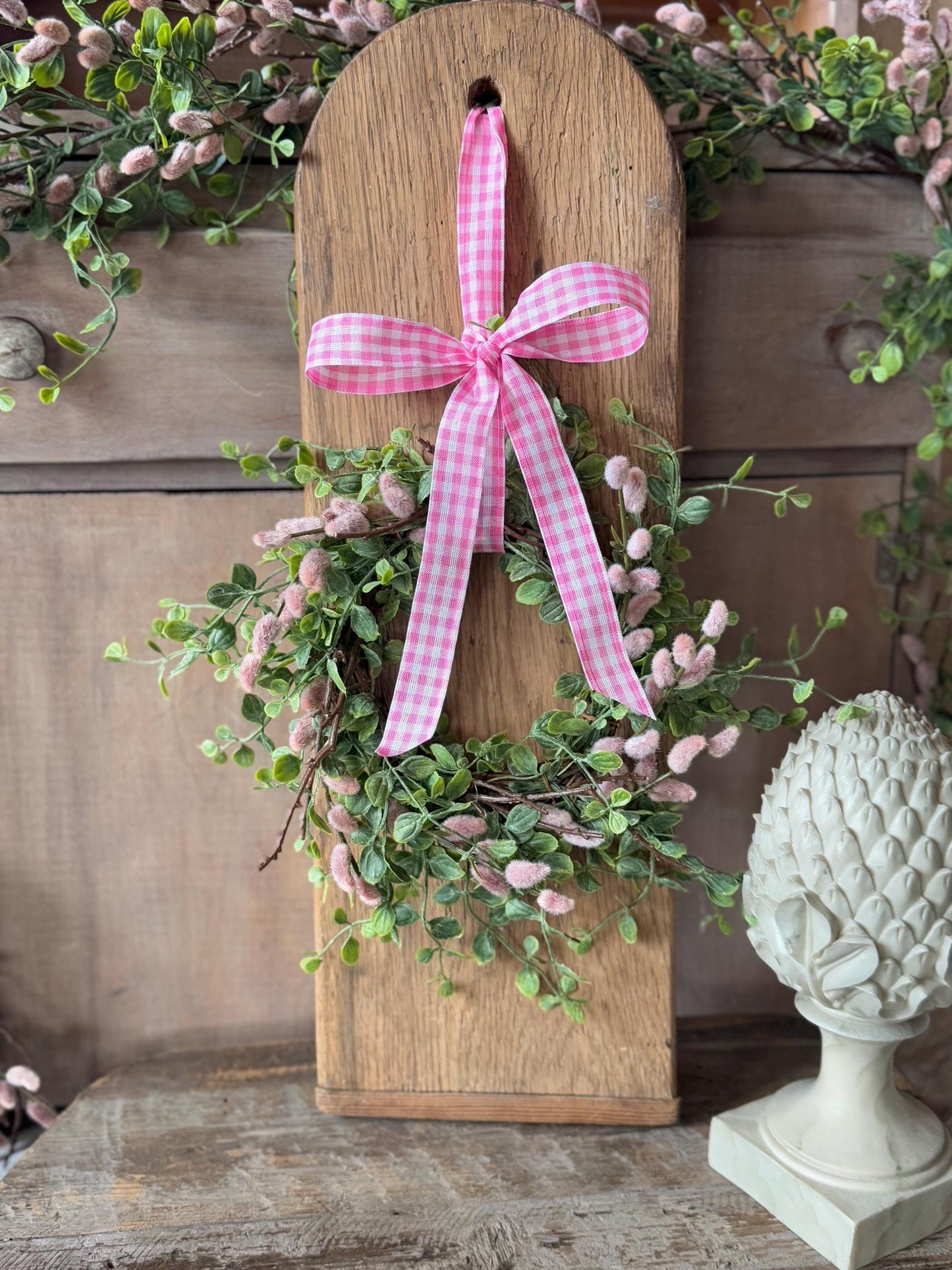 NEW 2025 Pink Pussy Willow Wreath, Pink Candle Wreath, Valentines Day Wreath, Pink Mothers Day Gift, Window Wreath, Mini Wreath