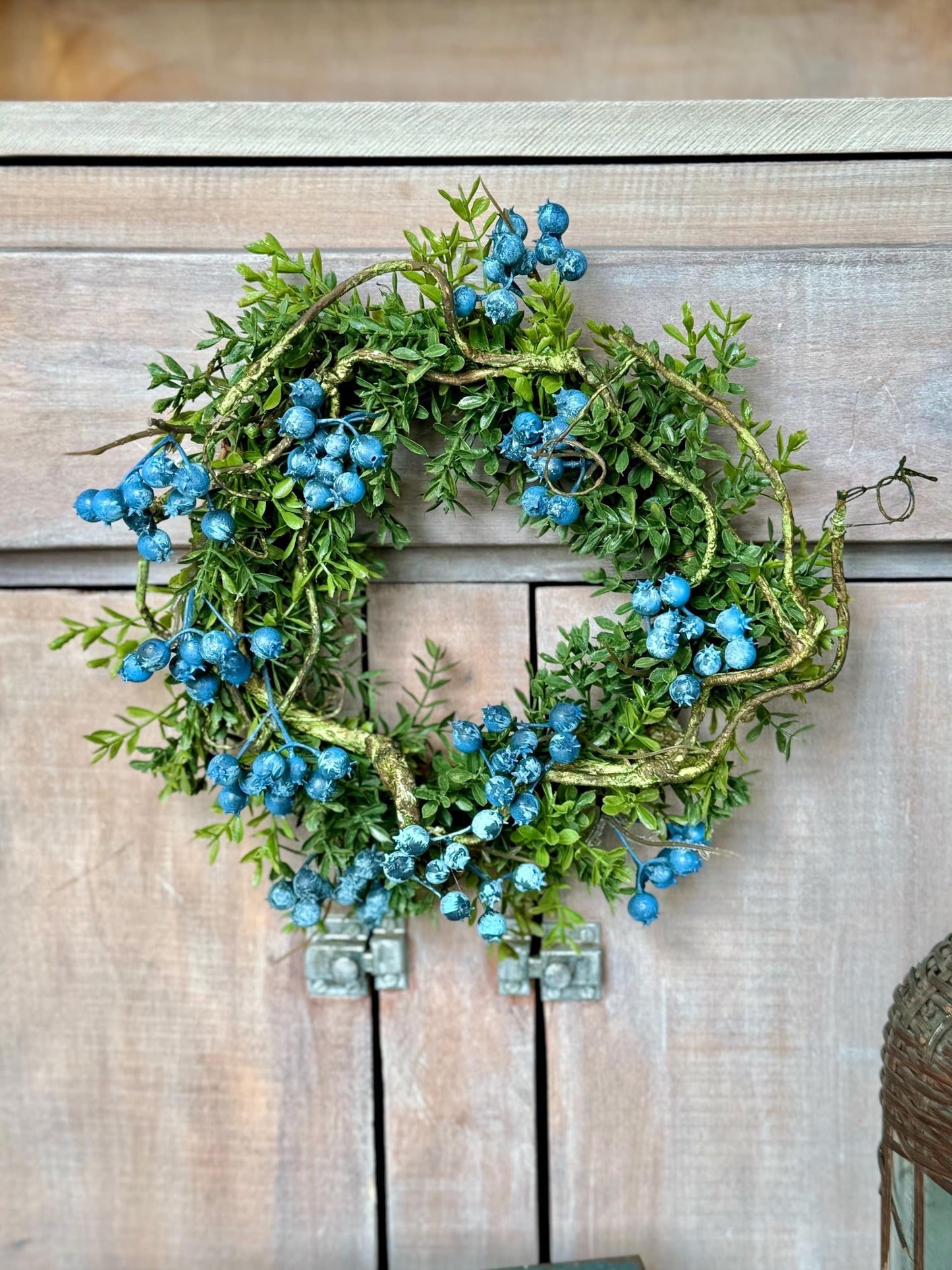 Blueberry and Boxwood Wreath, Farmhouse Berry Boxwood Wreath, Spring Summer Decor, Kitchen Cabinets, Camper Decor, Blue Kitchen, Blue Wreath