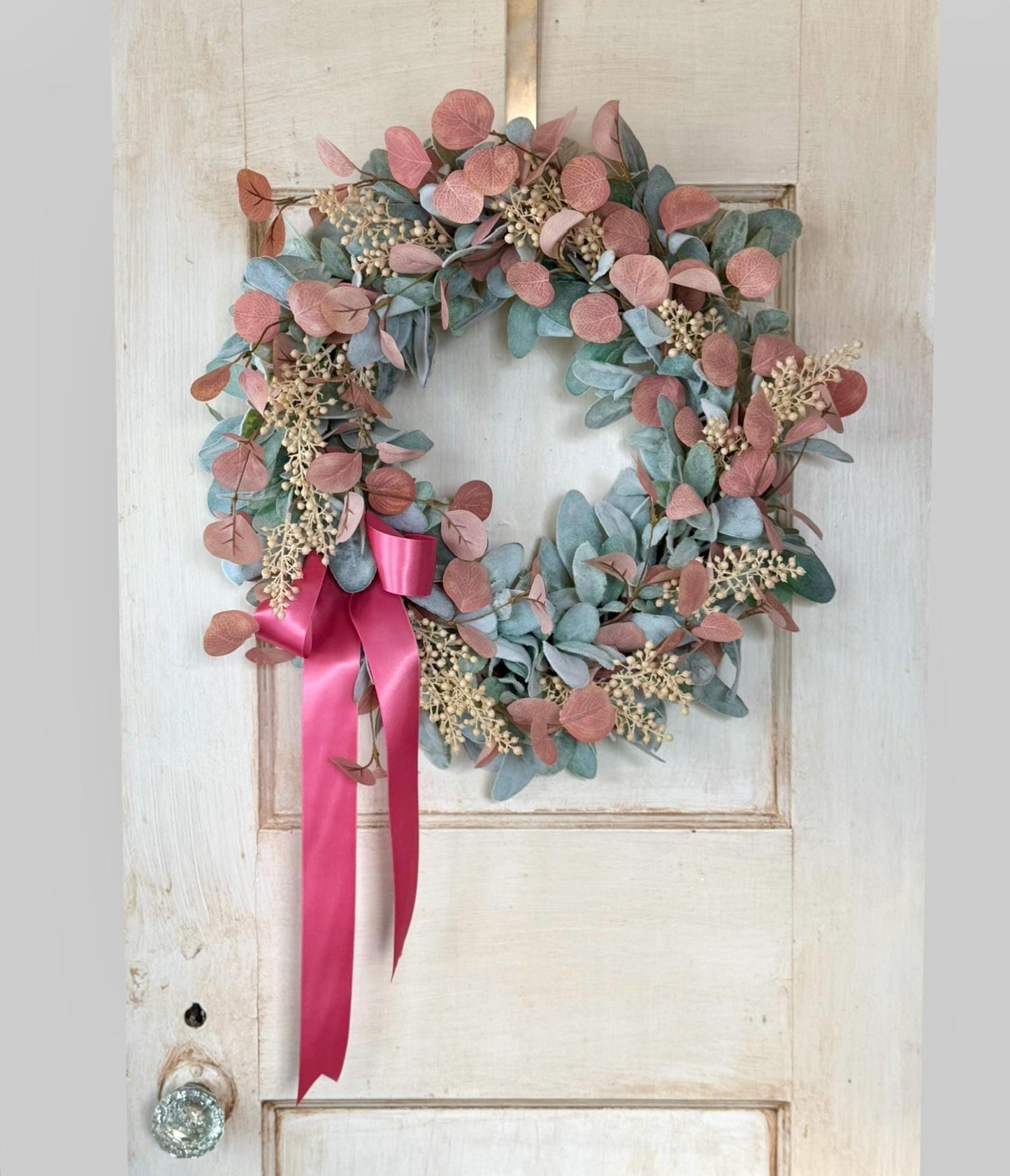 Pink Mothers Day Wreath, Pink Lambs Ear Wreath, Easter Wreath, Spring Wreath, Mothers Day Gift, Summer Wreaths, Front Door, Porch Decor