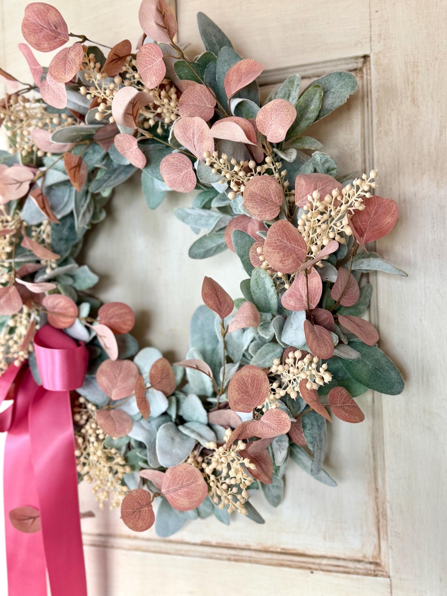Pink Mothers Day Wreath, Pink Lambs Ear Wreath, Easter Wreath, Spring Wreath, Mothers Day Gift, Summer Wreaths, Front Door, Porch Decor