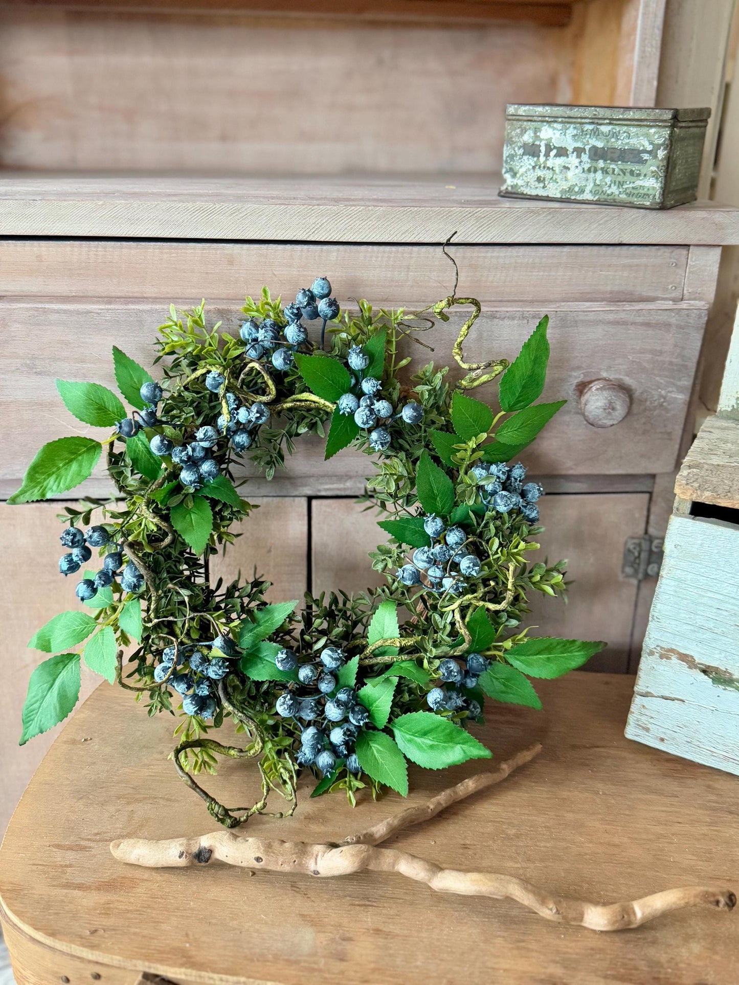 Blueberry and Boxwood Wreath, Farmhouse Berry Boxwood Wreath, Spring Summer Decor, Kitchen Cabinets, Camper Decor, Blue Kitchen, Blue Wreath