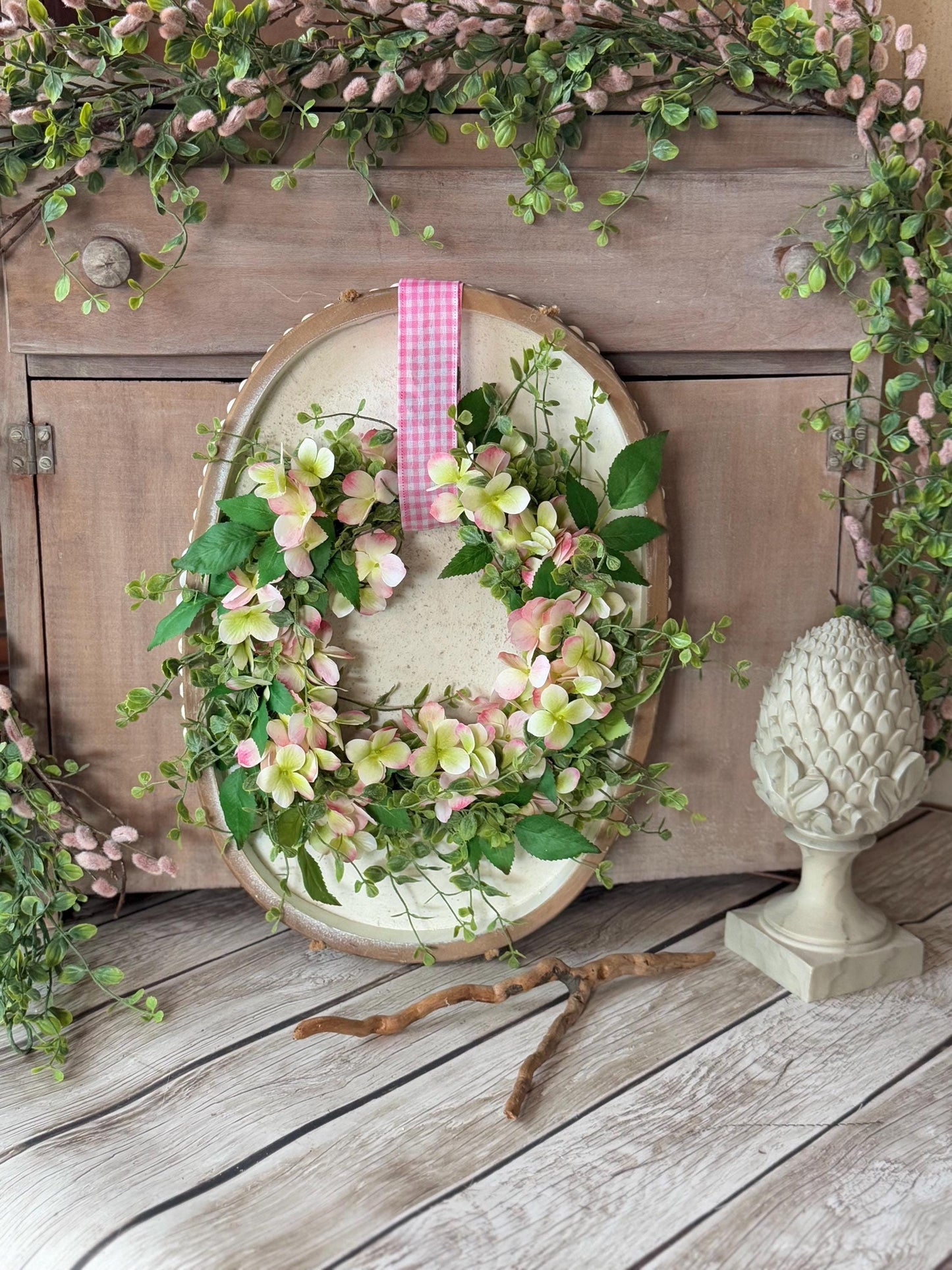 Pink Hydrangea Candle Wreath, Window Wreath, Kitchen Cabinets Wreath, Pink Hydrangea Decor, Spring Wreath Ring, Summer Candle Wreath