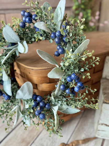 Blueberry Candle Wreath, Mini Kitchen Wreath, Summer Decor, Country Farmhouse, Spring Candle Ring, Blue Wedding Decorations - TLGB