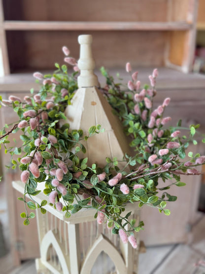 NEW 2025 Pink Pussy Willow Wreath, Pink Candle Wreath, Valentines Day Wreath, Pink Mothers Day Gift, Window Wreath, Mini Wreath