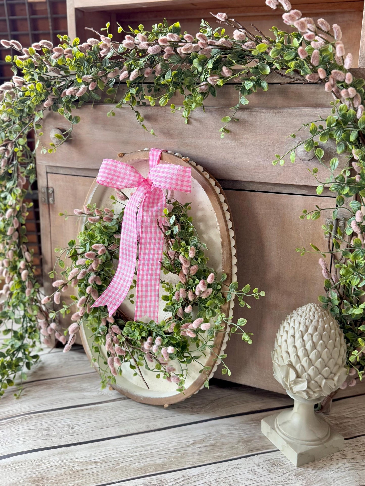 NEW 2025 Pink Pussy Willow Wreath, Pink Candle Wreath, Valentines Day Wreath, Pink Mothers Day Gift, Window Wreath, Mini Wreath