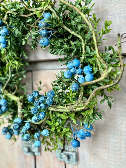 Blueberry and Boxwood Wreath, Farmhouse Berry Boxwood Wreath, Spring Summer Decor, Kitchen Cabinets, Camper Decor, Blue Kitchen, Blue Wreath