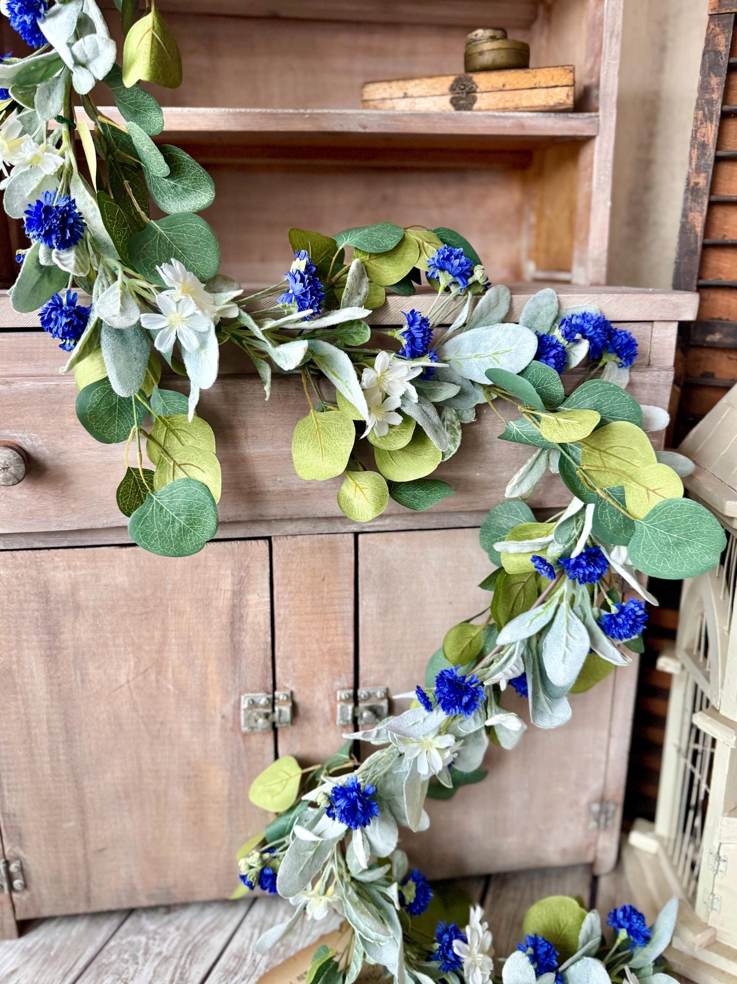 Blue Spring Garland, Blue Lambs Ear Eucalyptus Garland, Garland for Mantle, Easter Garland, Blue Wedding Garland, Batchelor Button Flowers