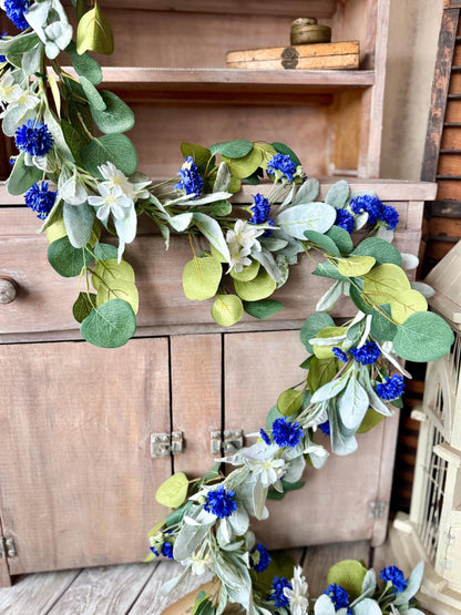 Blue Spring Garland, Blue Lambs Ear Eucalyptus Garland, Garland for Mantle, Easter Garland, Blue Wedding Garland, Batchelor Button Flowers
