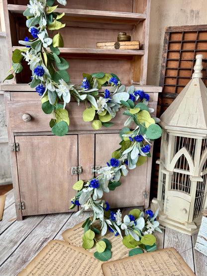 Blue Spring Garland, Blue Lambs Ear Eucalyptus Garland, Garland for Mantle, Easter Garland, Blue Wedding Garland, Batchelor Button Flowers