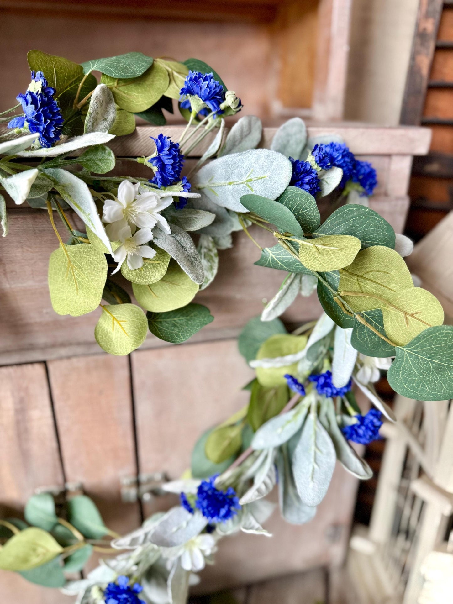 Blue Spring Garland, Blue Lambs Ear Eucalyptus Garland, Garland for Mantle, Easter Garland, Blue Wedding Garland, Batchelor Button Flowers