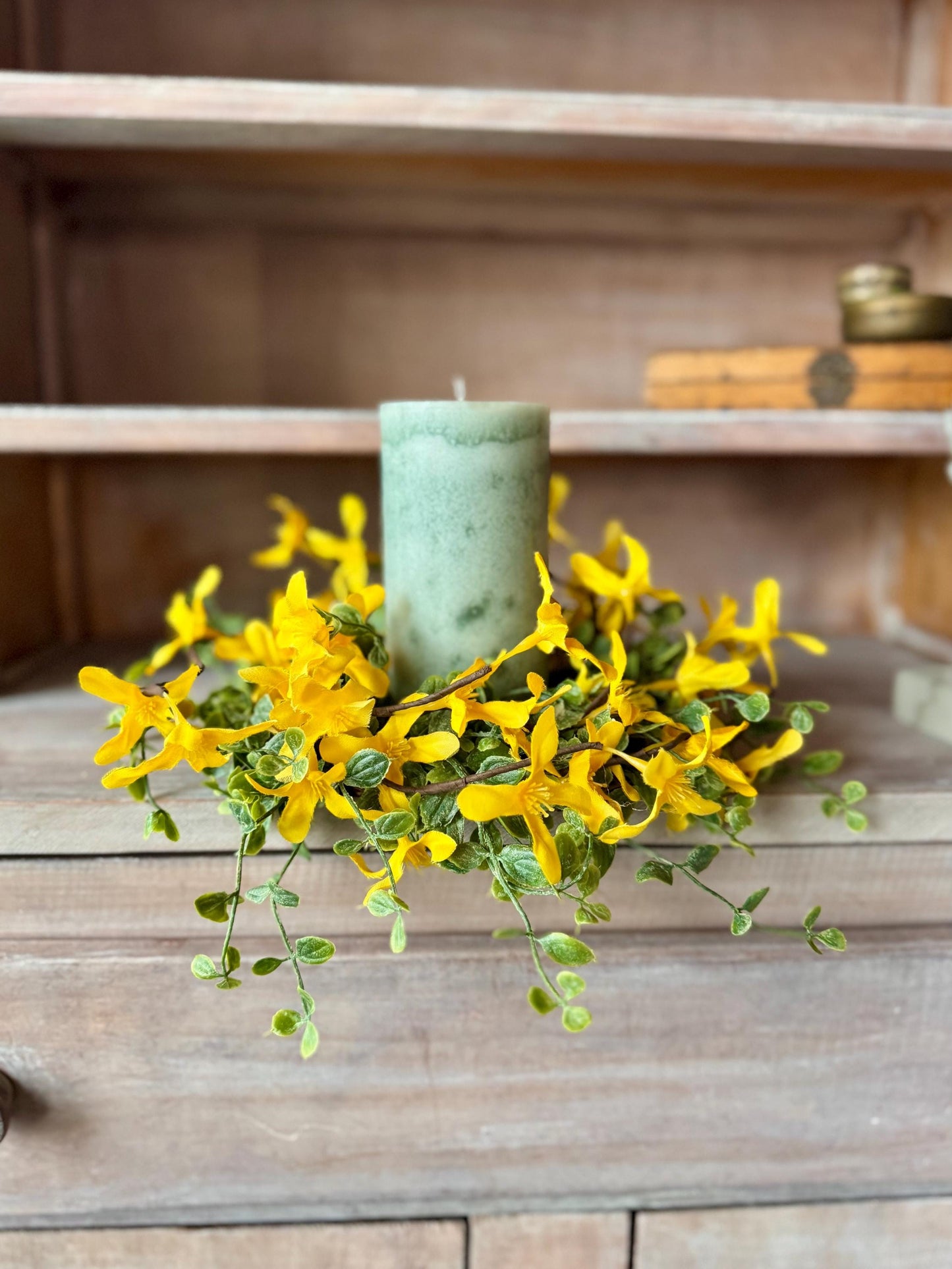 Yellow Forsythia Candle Wreath, Window Wreath, Yellow Kitchen Cabinets Wreath, Gold Chain Spring Wreath Ring, Summer Candle Wreath