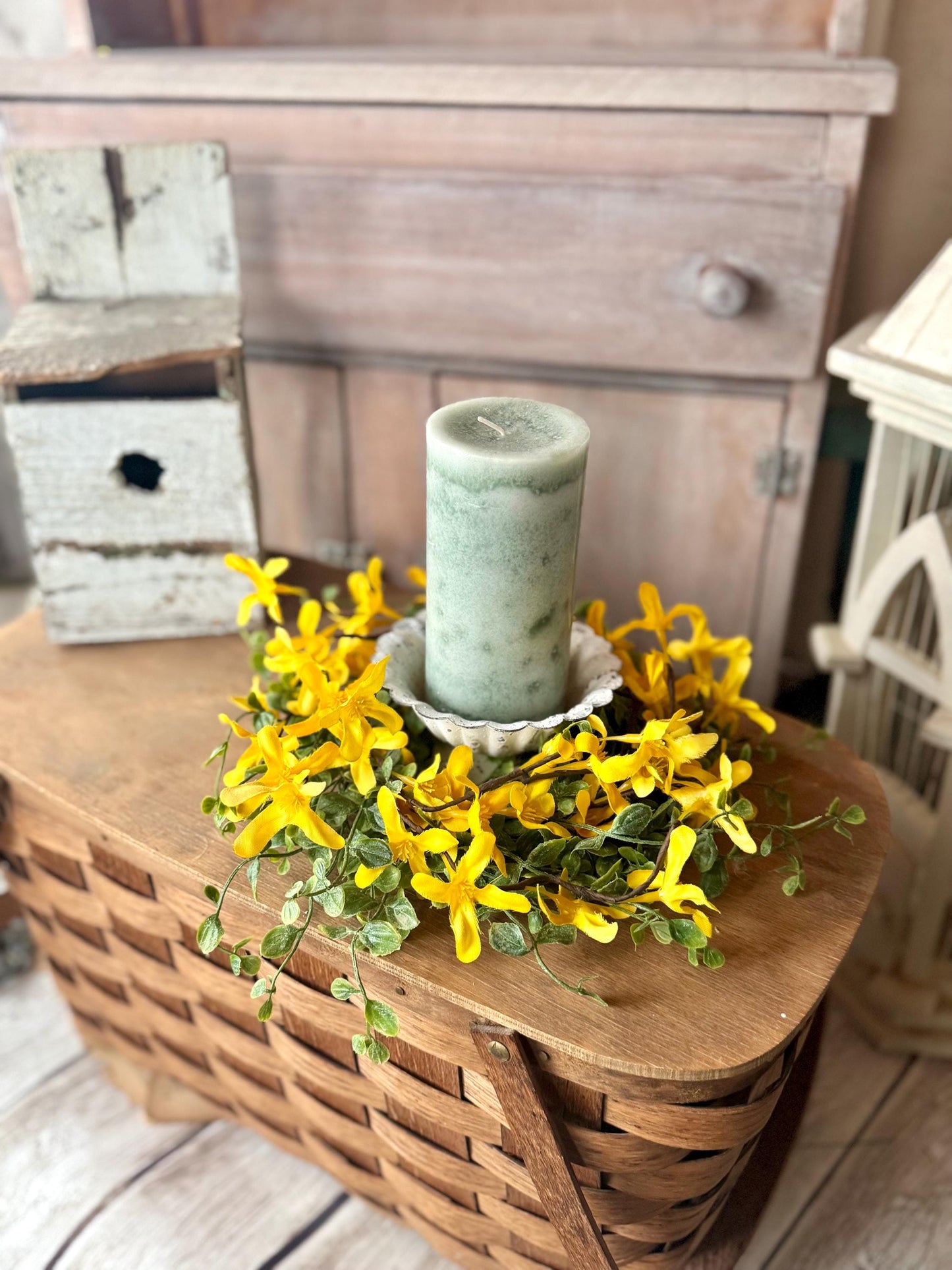 Yellow Forsythia Candle Wreath, Window Wreath, Yellow Kitchen Cabinets Wreath, Gold Chain Spring Wreath Ring, Summer Candle Wreath