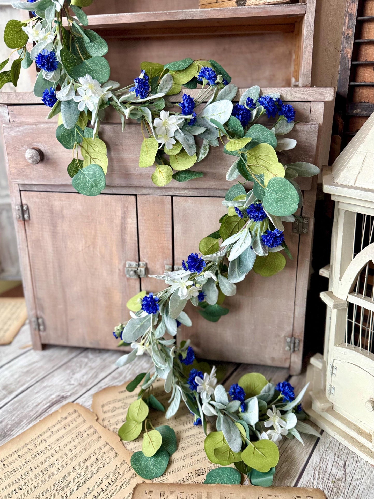 Blue Spring Garland, Blue Lambs Ear Eucalyptus Garland, Garland for Mantle, Easter Garland, Blue Wedding Garland, Batchelor Button Flowers