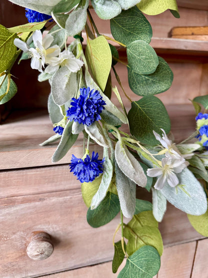 Blue Spring Garland, Blue Lambs Ear Eucalyptus Garland, Garland for Mantle, Easter Garland, Blue Wedding Garland, Batchelor Button Flowers
