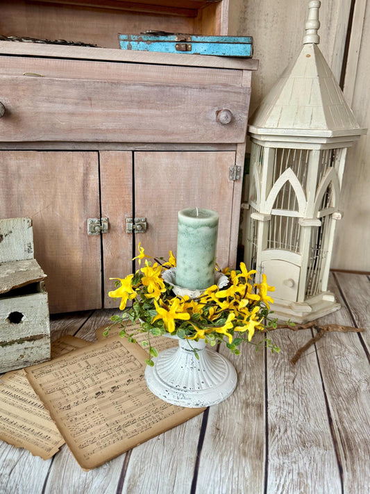 Yellow Forsythia Candle Wreath, Window Wreath, Yellow Kitchen Cabinets Wreath, Gold Chain Spring Wreath Ring, Summer Candle Wreath