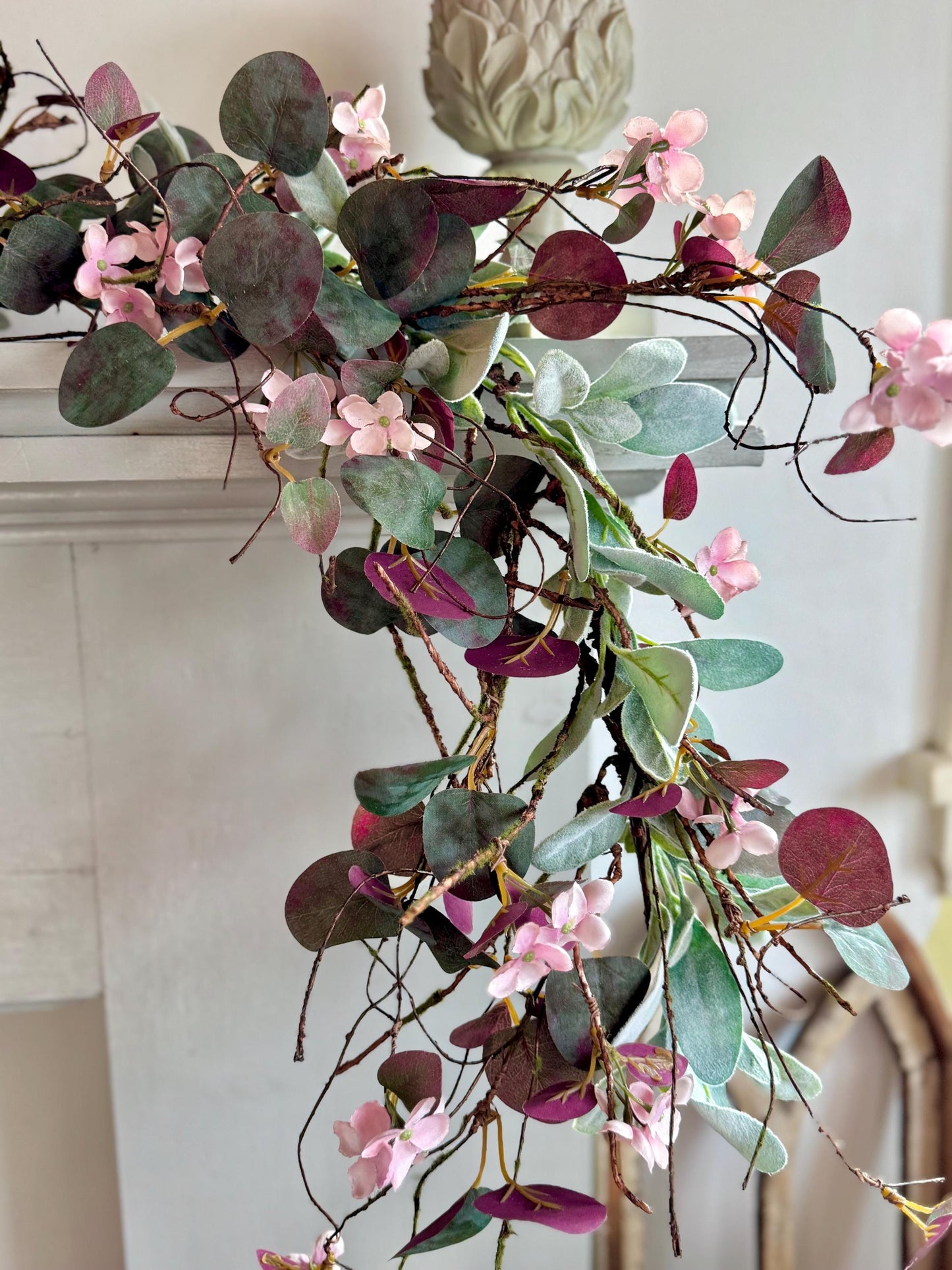 Pink Eucalyptus Garland, Purple Summer Garland, Pink Summer Garland, Pink Lambs Ear Garland, Spring Garland