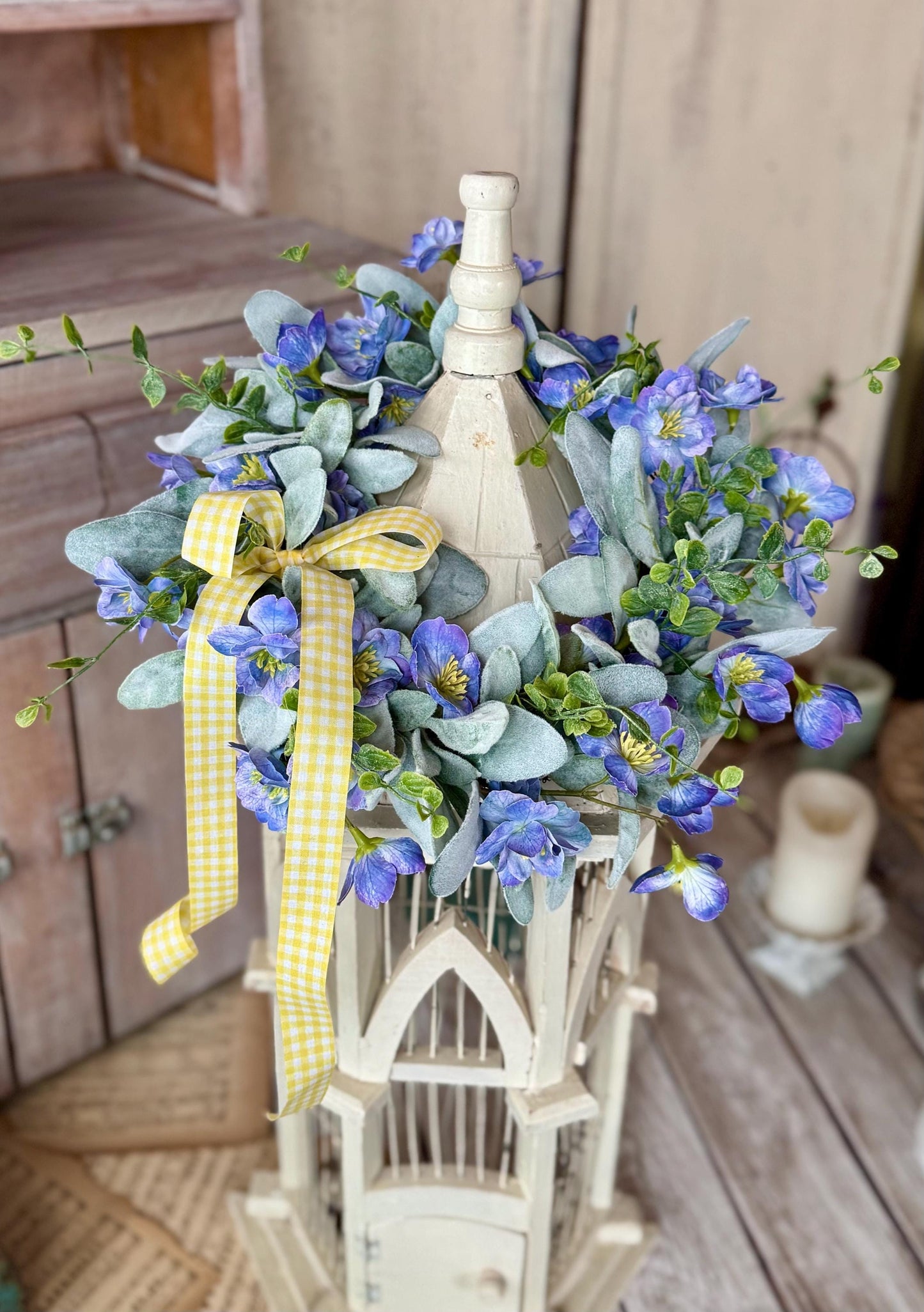 Blue Violet Easter Wreath, Blue Farmhouse Candle Wreath, Window Wreath, Kitchen Cabinets Wreath, Purple Easter Wreath Decor