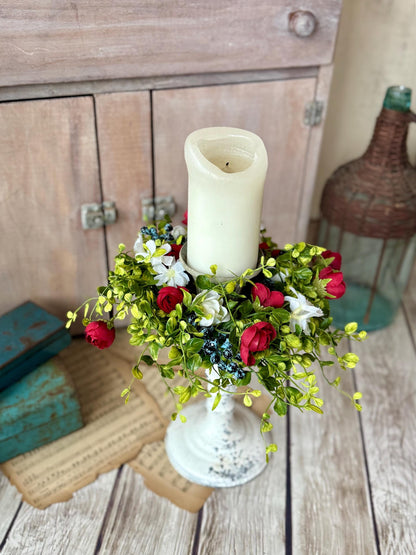 Red White Blue Candle Wreath, Patriotic Decor, Kitchen Cabinet Decor, 4th of July Decorations, Independence Day Wreath, Forth of July