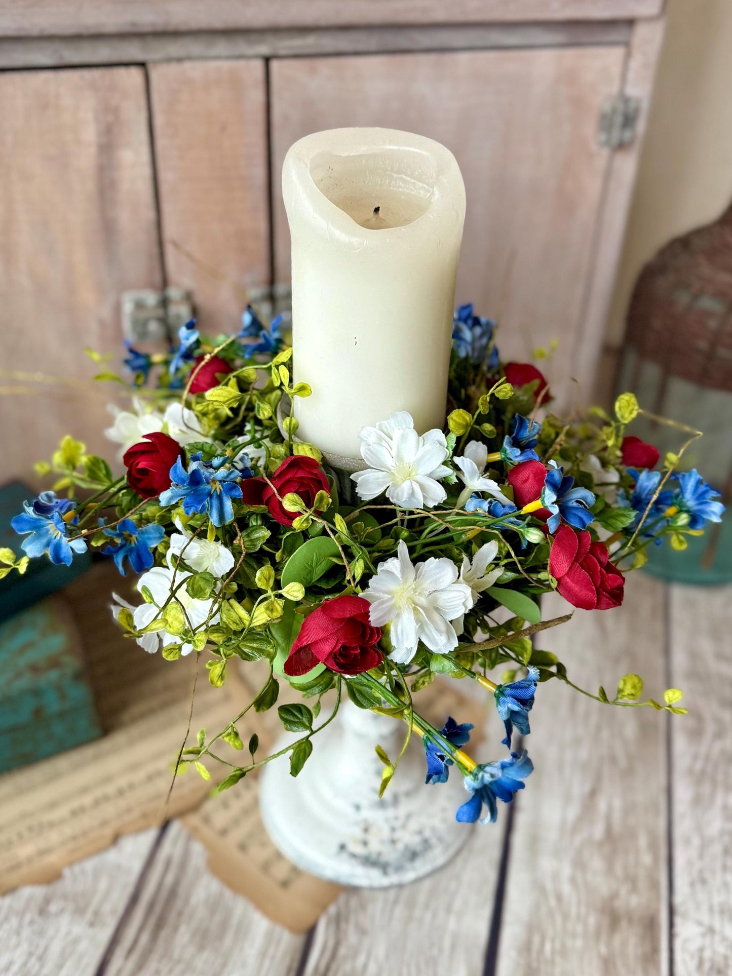 Red White Blue Flower Candle Wreath, Patriotic Decor, Kitchen Cabinet Decor, 4th of July Decorations, Independence Day Wreath, Forth of July
