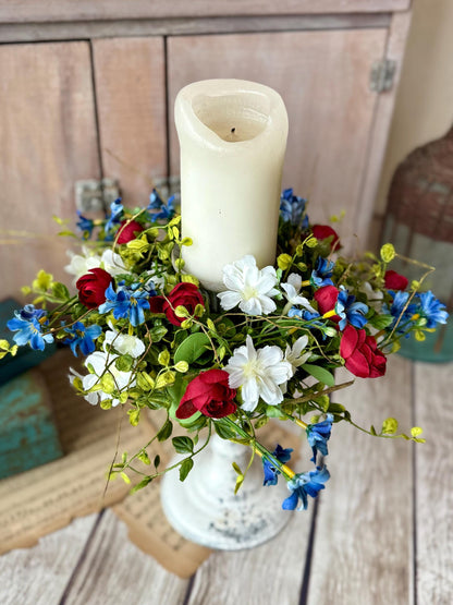Red White Blue Flower Candle Wreath, Patriotic Decor, Kitchen Cabinet Decor, 4th of July Decorations, Independence Day Wreath, Forth of July